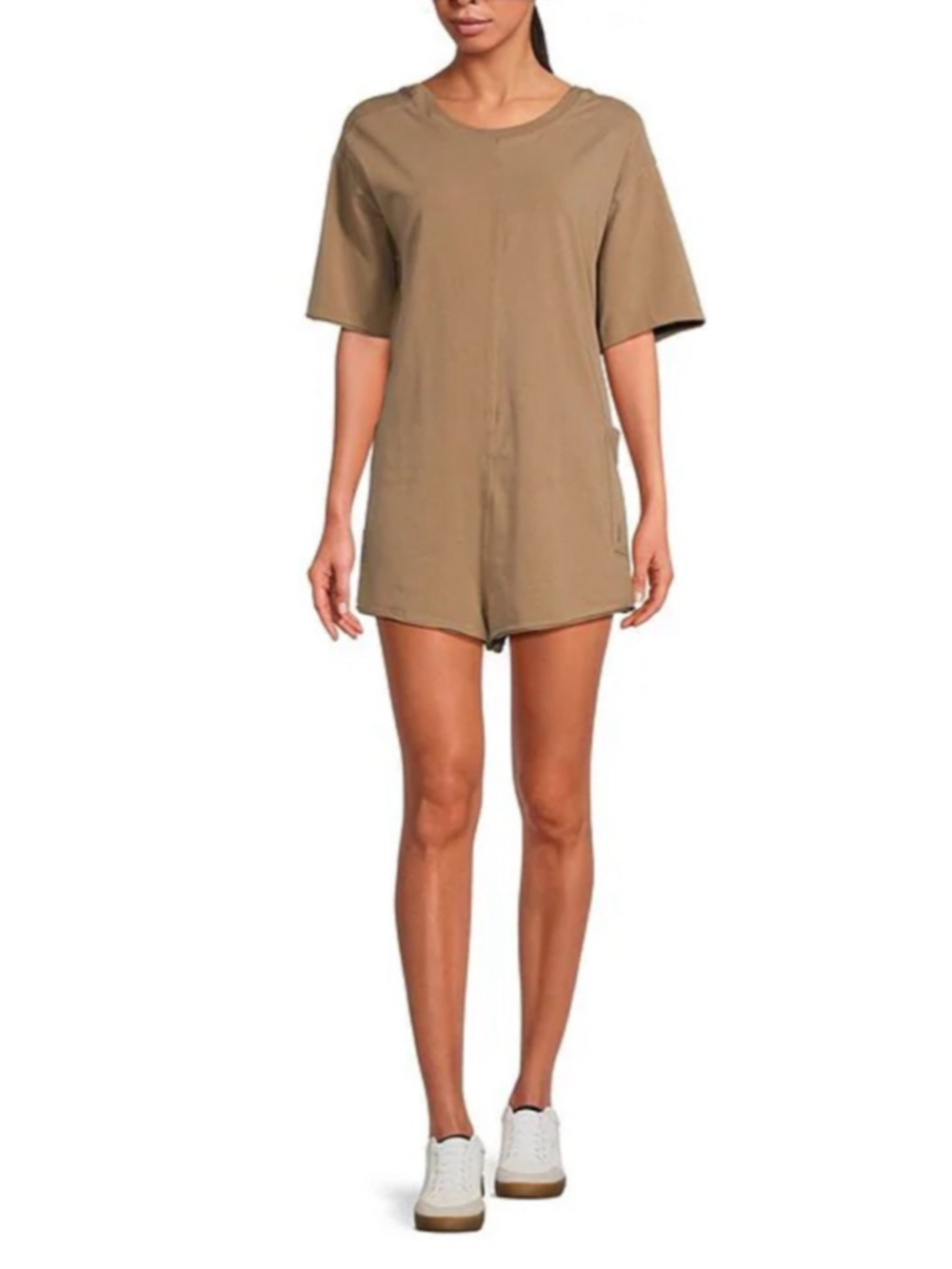 FP Movement Free People Hot Shot Tee Romper Large Mocha Latte NWT Pockets V Back